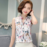 Blusas Wanita Chiffon Femininas Tanpa Lengan Floral Print Blouses Shirts Office - Cantik Menawan