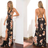 Floral Print Maxi Dress Women Fashion V-Neck Sleeveless Spaghetti Strap Backless Side Split Sexy Long Dress