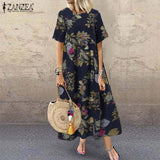 ZANZEA Fashion Summer Maxi Dress Women's Printed Sundress Casual Short Sleeve Vestidos Female High Waist Robe Femme