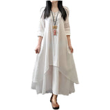 Dress Wanita Lengan Panjang dan Longgar Cotton Linen Solid - Cantik Menawan