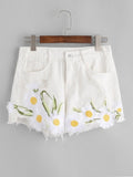Celana Pendek Denim - Flower Embroidered High Waist Beach Jeans - Cantik Menawan