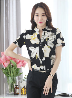 Fashion Wanita V-Neck Chiffon Blouses Slim Floral Print Office Work Wear - Cantik Menawan