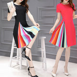 Baju Dress Korea Terbaru Style Rainbow Stripe Printing - Cantik Menawan