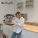 2022 Spring Autumn Women Shirts White Plain Loose Oversized Blouses Female Tops Loose BF Korean Style Blusas Pockets