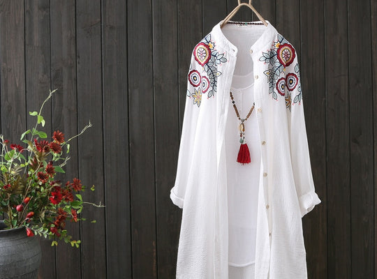 Women White Shirt 100% Cotton Embroidery Long Sleeve Button Up Blouse 2020 New Fashion Loose Top Office Lady Casual Wear
