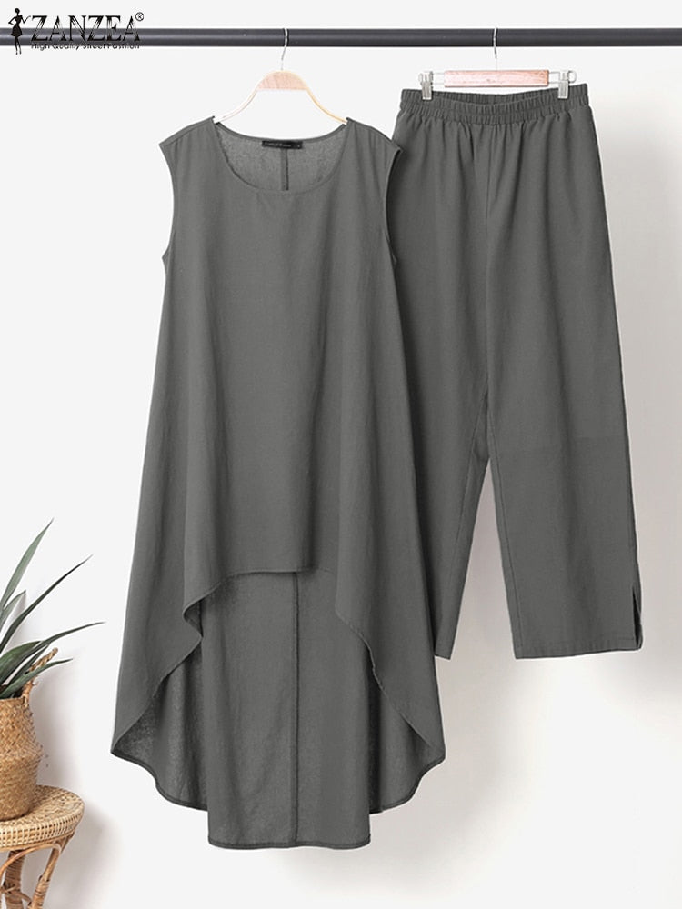 Fashion Matching Sets 2022 ZANZEA Summer WomenTracksuit Casual Sleeveless Asymmetrical Blouse Suits 2PCS Loose Pant Sets