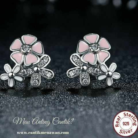 Anting Silver Poetic Daisy Cherry Blossom Drop Mixed & Clear Pink Flower - Cantik Menawan