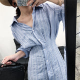 Dress Wanita Style Korea Slim Waist Striped Elegant Midi - Cantik Menawan