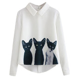 Blouse Wanita Model Korea Putih Cats Printed Pullover Shirts Lengan Panjang - Cantik Menawan