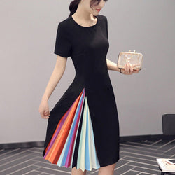 Baju Black Dress Korea Terbaru Style Rainbow Stripe Printing - Cantik Menawan
