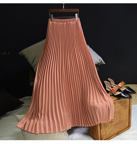 Womens Vintage Pleated Midi Long Skirt Female Korean Casual High Waist Chiffon Skirts Jupe Faldas 18 Colors