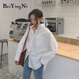 Spring Autumn Women Shirts White Plain Loose Oversized Blouses Female Tops Loose BF Korean Style Blusas Pockets