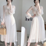 Dress Women 2021 Spring Plus Size Dress Elegant A-Line Vestidos Solid Puff Sleeve Empire V-Neck Ladies Lace Dress Mesh 8126 50