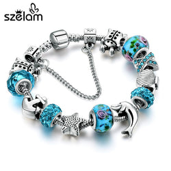 Dropshipping Ocean Style European Crystal Charm Bracelet For Women With Star Anchor Dolphin Beads NEW - Cantik Menawan