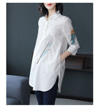100% Cotton Plus size Feather Embroidery White Long Blouse Women 3/4 Sleeve Art Loose Ladies Office Work Tops Button Down Shirts