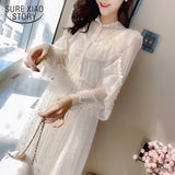 Dress Women 2021 Spring Plus Size Dress Elegant A-Line Vestidos Solid Puff Sleeve Empire V-Neck Ladies Lace Dress Mesh 8126 50