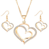 Romantic Heart Pattern Crystal Earrings Necklace Set - Silver Color Chain - Cantik Menawan