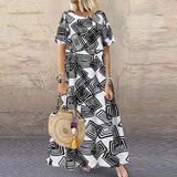 ZANZEA Fashion Summer Maxi Dress Women's Printed Sundress Casual Short Sleeve Vestidos Female High Waist Robe Femme