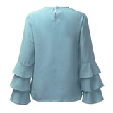 Elegant Ladies O-Neck Flounce Long Sleeve Solid Blusas - Cantik Menawan