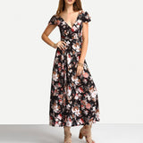 Pakaian Wanita Cantik & Menawan - Short Sleeve V-Neck Floral Print Maxi Dress - Cantik Menawan