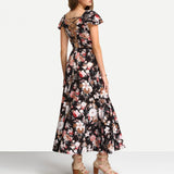 Pakaian Wanita Cantik & Menawan - Short Sleeve V-Neck Floral Print Maxi Dress - Cantik Menawan