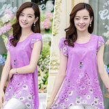 Style Wanita Korea Elegant Floral Print Long Blouse Asymmetric Hem Chiffon - Cantik Menawan