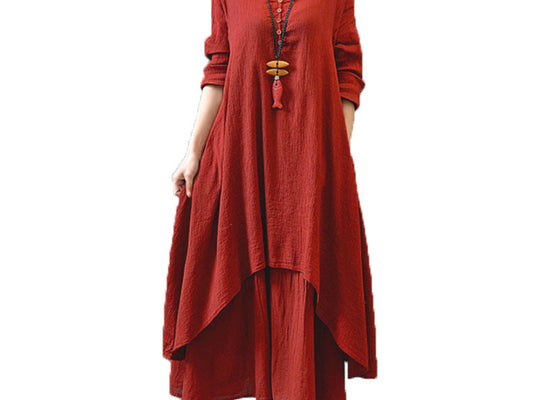 Dress Wanita Lengan Panjang dan Longgar Cotton Linen Solid - Cantik Menawan