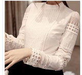 Atasan Wanita Shirts Long-sleeved Blouses Slim Basic Tops Hollow Lace - Cantik Menawan