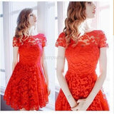Mini Dress Wanita - Floral Lace Short Sleeve O-Neck Casual - Cantik Menawan