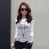 T Shirt Wanita Cantik -  Striped Long Sleeve Tops Cotton Casual - Cantik Menawan