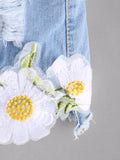 Celana Pendek Denim - Flower Embroidered High Waist Beach Jeans - Cantik Menawan