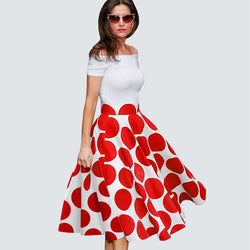 Dress Wanita Ladylike Patchwork Red Dots Vintage Slash Neck Chic Ball Gown Off Shoulder - Cantik Menawan
