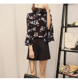 Baju Wanita Blouse Model Terbaru Floral Chiffon  Flare Sleeve Shirt - Cantik Menawan