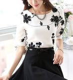Shirt Blouse Wanita Chiffon Casual Shirt O Neck Half Sleeve Floral Printing - Cantik Menawan