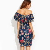 Dress Wanita Short Sleeve - Floral Print Off The Shoulder Ruffle Sheath Dress - Cantik Menawan