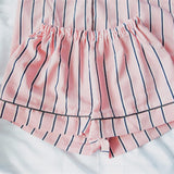 Pakaian Tidur Wanita - Turn-down Collar 2 Two Piece Set Shirt+Shorts Striped Casual Pajama Set - Cantik Menawan