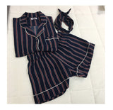 Pakaian Tidur Wanita - Turn-down Collar 2 Two Piece Set Shirt+Shorts Striped Casual Pajama Set - Cantik Menawan