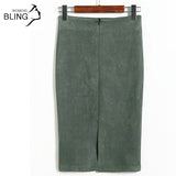 Rok Wanita Suede Solid Color Pencil Skirt High Waist Bodycon Vintage Thick Stretchy - Cantik Menawan