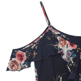 Floral Print Dress Wanita Chiffon - Ruffle Off Shoulder Kasual Beach Dress - Cantik Menawan