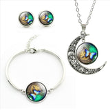 Set Perhiasan Cantik - Romantic White And Blue Butterfly Glass Necklace Stud Earrings Bracelet - Cantik Menawan