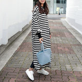 Dress Wanita Lengan Panjang Model Terbaru Striped Split Maxi  + Kalung  Kristal Pendant Panjang + Celana Panjang Wanita Elastic Waist Striped - Cantik Menawan