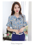 Shirt Casual Wanita Cantik Short Flare Sleeve Chiffon Blouse Floral Print Bow Collar Elegant - Cantik Menawan