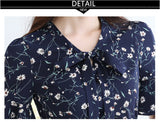 Shirt Casual Wanita Cantik Short Flare Sleeve Chiffon Blouse Floral Print Bow Collar Elegant - Cantik Menawan