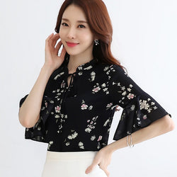 Blouse Wanita Cantik Menawan Chiffon Floral Print Shirt Flare Lengan Pendek - Cantik Menawan
