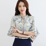 Blouse Wanita Cantik Menawan Chiffon Floral Print Shirt Flare Lengan Pendek - Cantik Menawan