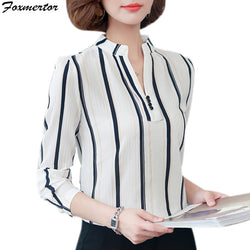 Atasan Wanita Cantik - New Chiffon Print Striped Dot Slit Style Plus Size Office Long Sleeve Blouse - Cantik Menawan