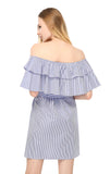 Dress Wanita Striped Ruffles Mini Butterfly Sleeve Slash Neck - Cantik Menawan