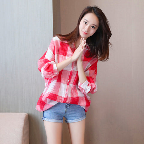 Atasan Wanita Cantik - Kimono Loose Plaid Blouses Shirts - Cantik Menawan