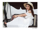 Baju Atasan Wanita Dress Panjang Chiffon Boho Beach Slim Off Shoulder High Waist Dress - Cantik Menawan
