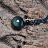 Kalung Wanita Natural Obsidian Rainbow Eye Transfer Good Luck Bead Pendant Necklace Rope Chain - Cantik Menawan